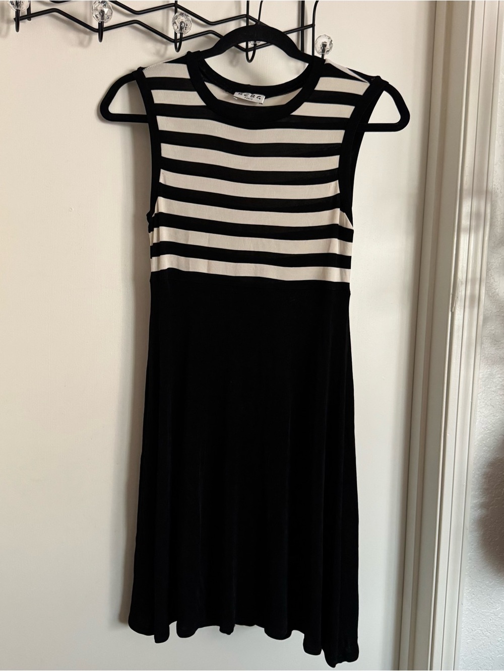 Vintage 90s BCBG Paris Black and White Striped Mini Slinky Lycra Dress